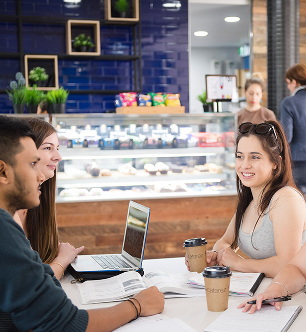 Students in a cafe are studying with laptops and coffee