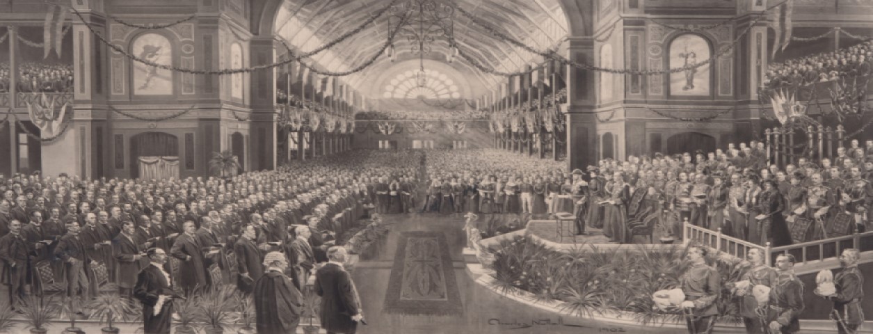 An illustration depicting hundreds of people sitting in rows inside a building undergoing a ceremony. 