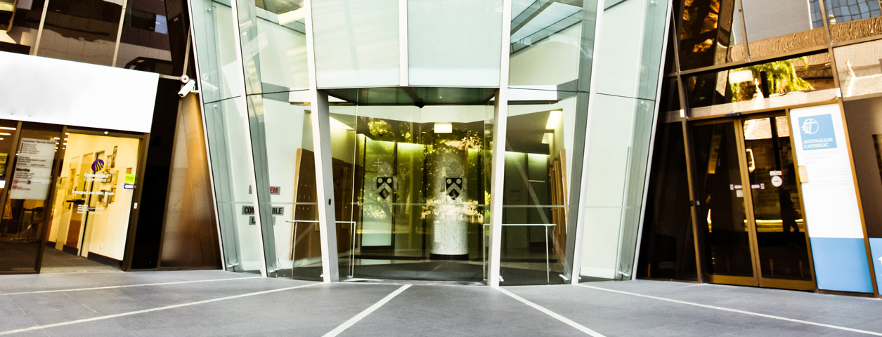 The glass entrance to the Leadership Centre, Brisbane.