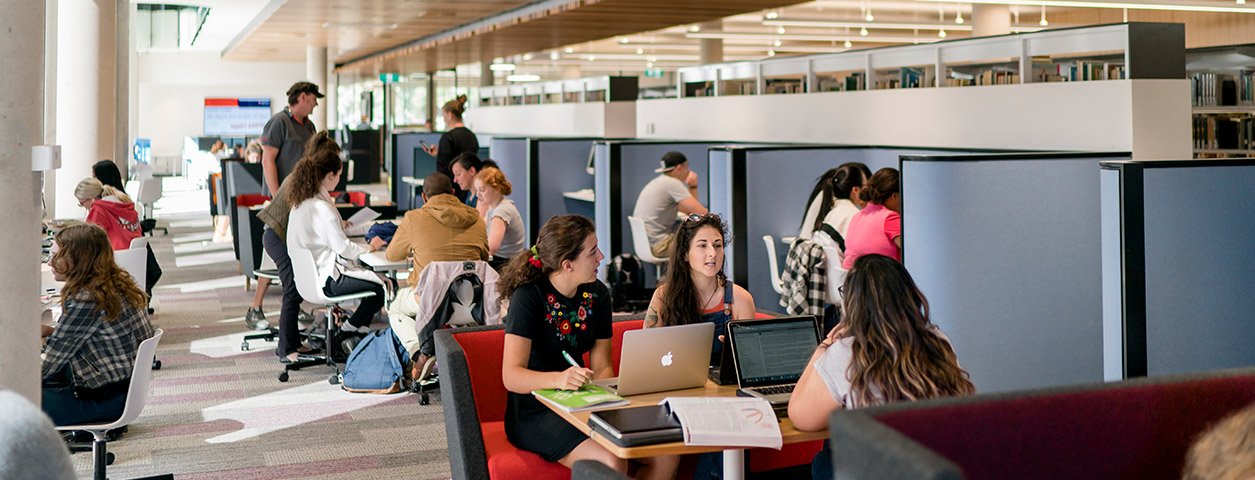 The interior of a library, filled with busy students