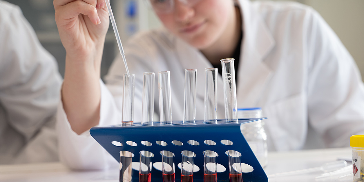 A student carefully puts liquid into a test tube standing in a rack of several test tubes.