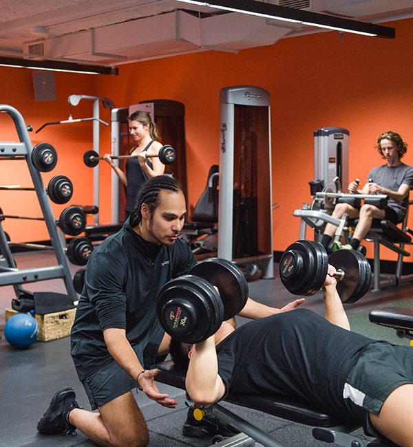 Two guys are in the gym, one man is spotting the other while he does dumbbell bench presses