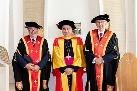 ACU Vice-Chancellor and President Professor Greg Craven AO GCSG, Archbishop Bashar Matti Warda CSsR, Chaldean Archbishop of Erbil, and ACU Pro Chancellor Mr Julien O'Connell AM