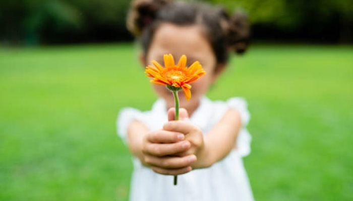  girl holding a yellow flowerby its stem with ourstretched arms