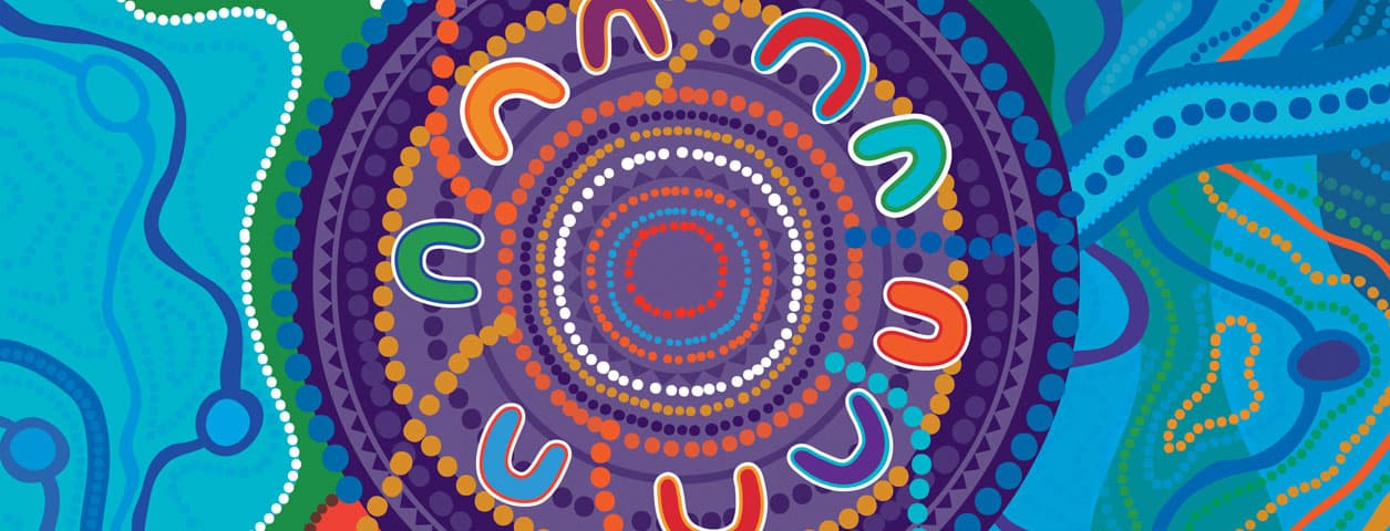 Aboriginal painting showing brightly coloured shapes with a circular motif in the middle consisting of concentric shapes and dots. The colours are primarily violet and blue.