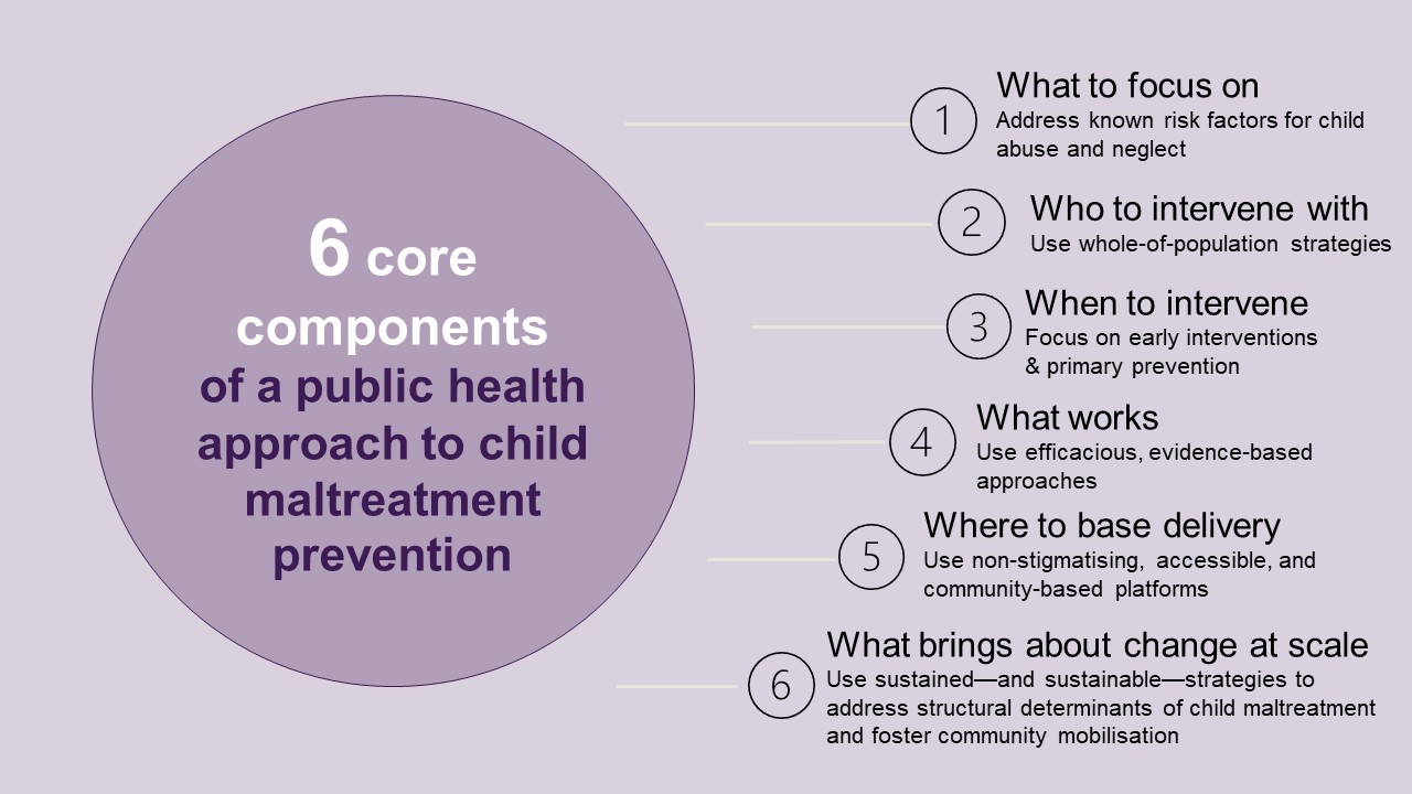 the 6 core components of a public health approach to child maltreatment prevention including what to focus on, who to intervene with, when to intervene, what works, where to base delivery, and what brings about change at scale